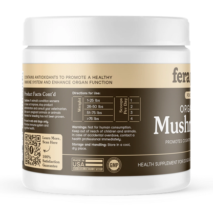 side view of Fera Pets organic mushroom supplement jar for dogs