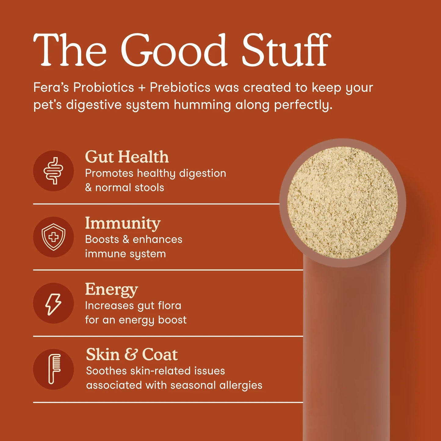 Fera Pets probiotic supplement supporting digestion gut health immune system and skin in dogs