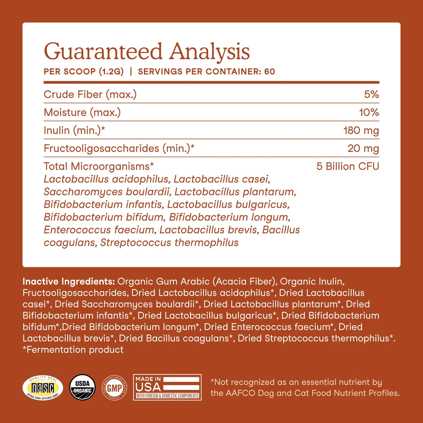 Guaranteed analysis panel showing probiotic strains and CFU count in Fera Pets supplement