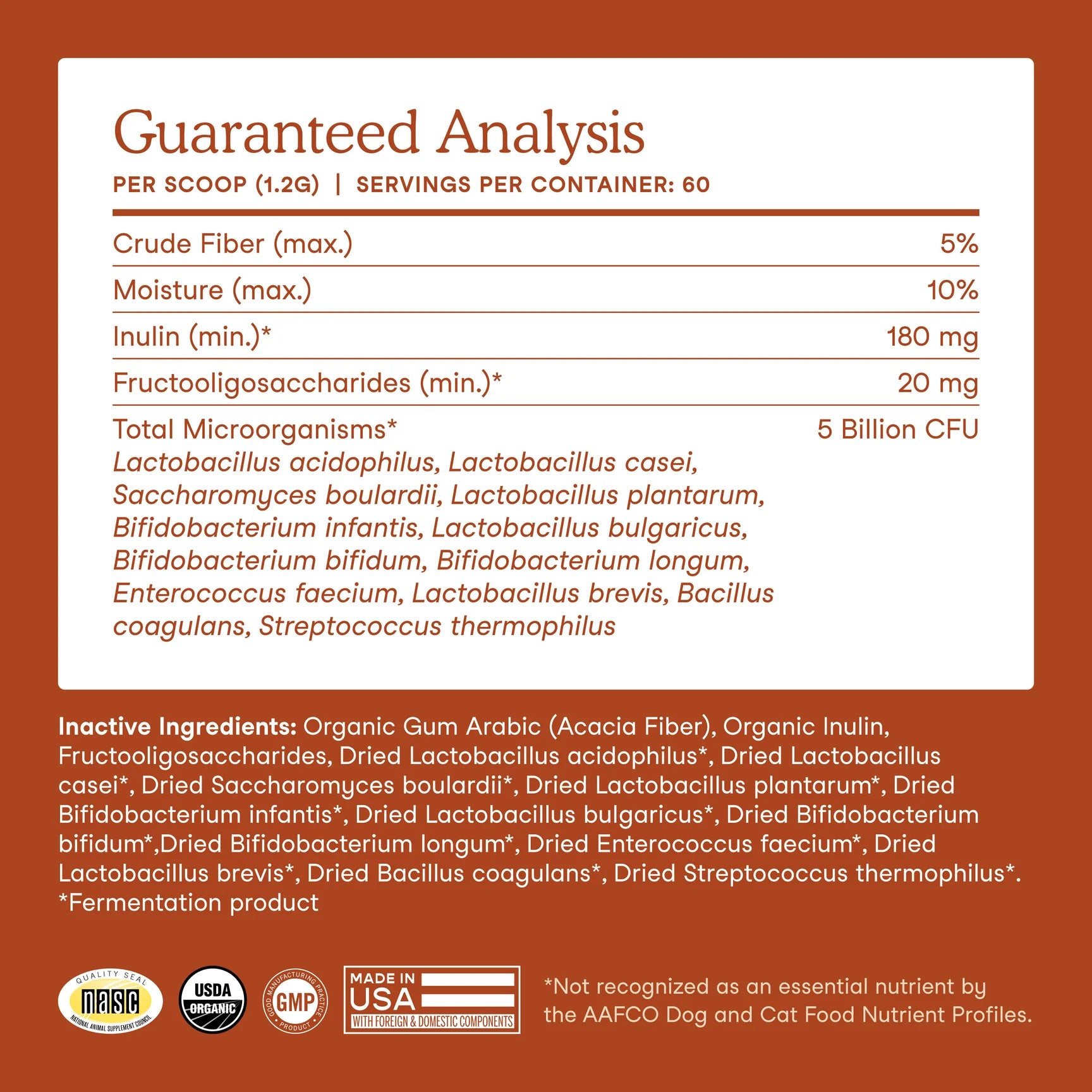 Guaranteed analysis panel showing probiotic strains and CFU count in Fera Pets supplement