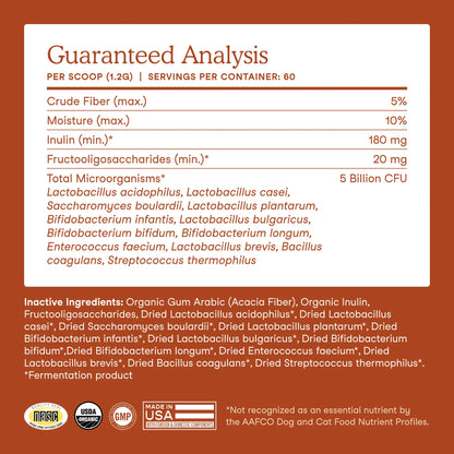 Guaranteed analysis panel showing probiotic strains and CFU count in Fera Pets supplement