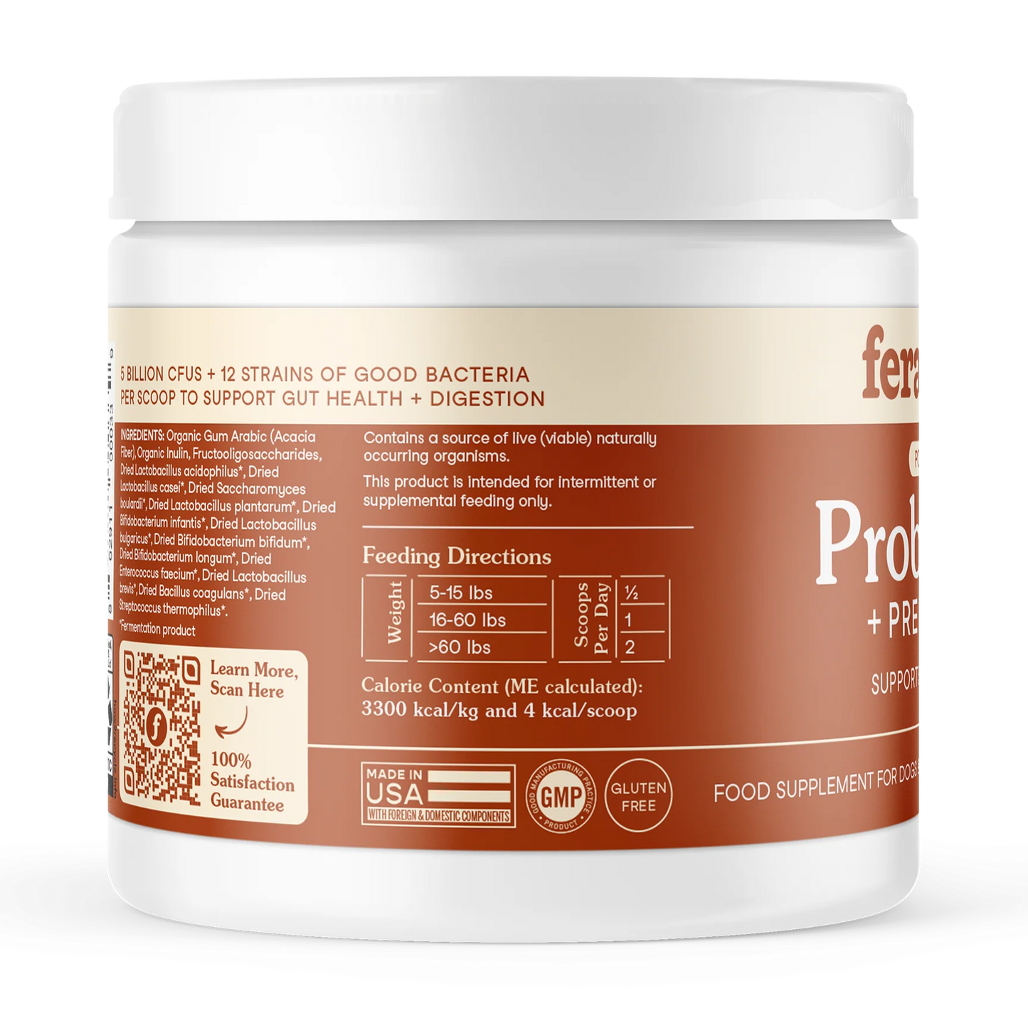 Back label of Fera Pets probiotics for dogs showing ingredients and supplement details