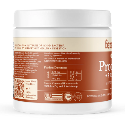 Back label of Fera Pets probiotics for dogs showing ingredients and supplement details