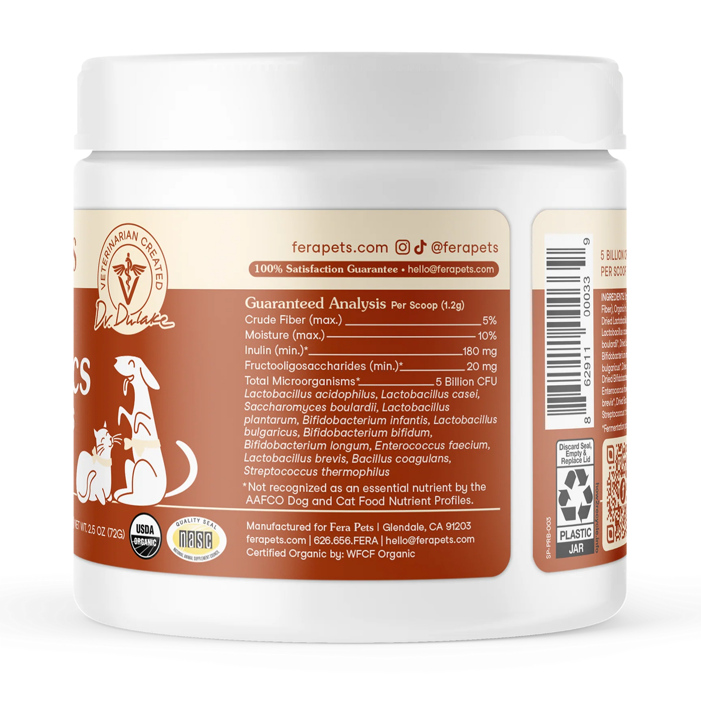 Side view of Fera Pets probiotic supplement jar for dogs with organic formula