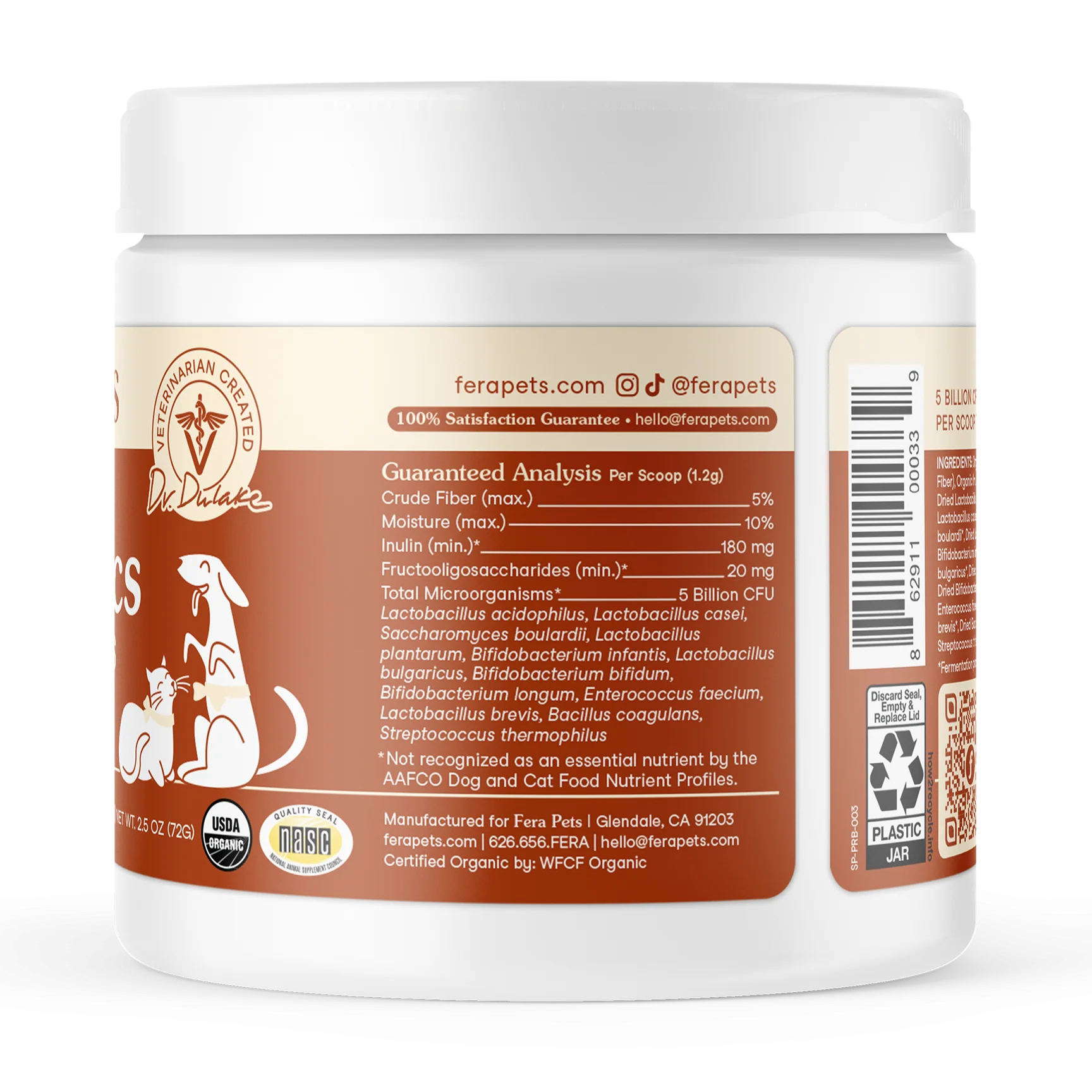 Side view of Fera Pets probiotic supplement jar for dogs with organic formula