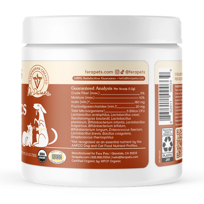Side view of Fera Pets probiotic supplement jar for dogs with organic formula