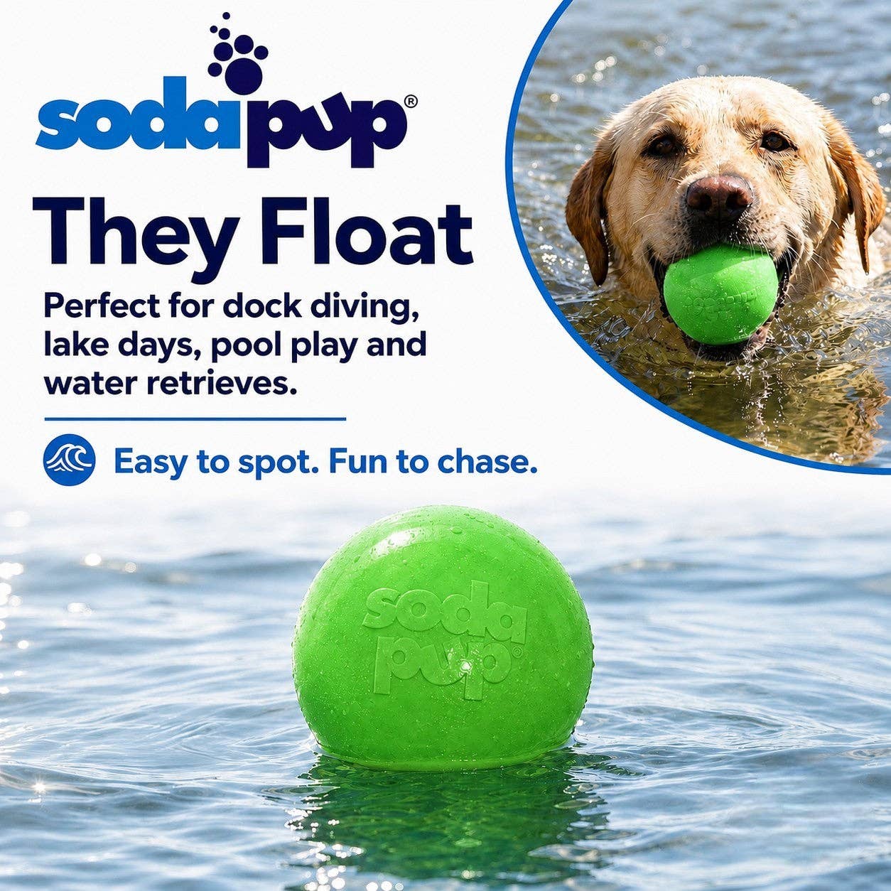 SodaPup Green Glitter dog ball floating in water for swimming and water fetch