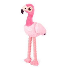 Pink flamingo dog toy made with eco-friendly materials, AZO-free dyes, and designed for interactive play