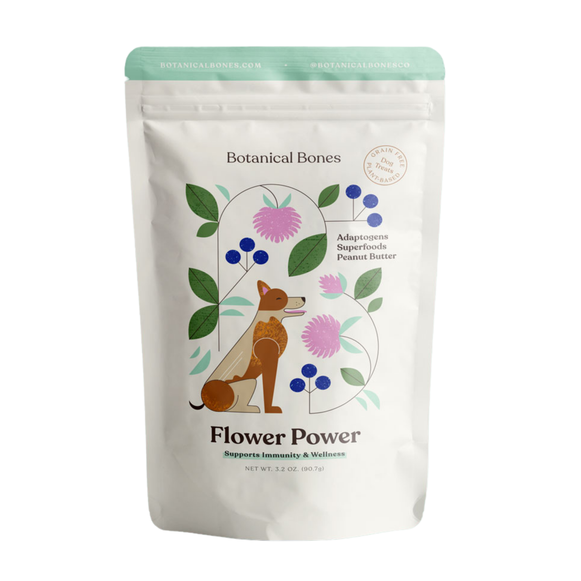 Bag of organic superfood dog treats made with functional plant-based ingredients and peanut butter flavor