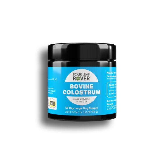 Four Leaf Rover grass-fed bovine colostrum for dogs supplement jar front view
