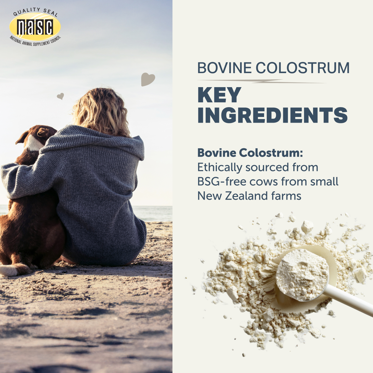 Bovine colostrum powder from grass-fed cattle used in Four Leaf Rover dog supplement