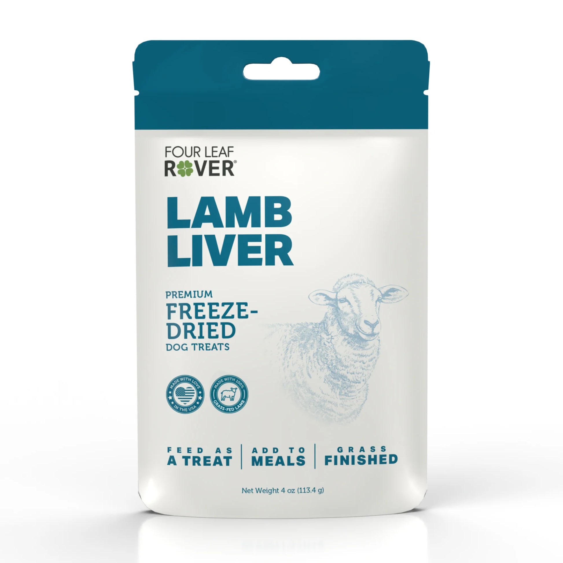 Front packaging of Four Leaf Rover freeze-dried lamb liver dog treats