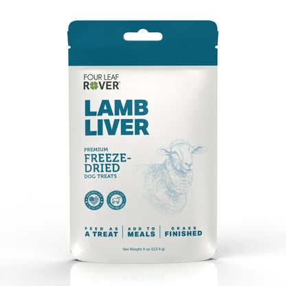 Front packaging of Four Leaf Rover freeze-dried lamb liver dog treats