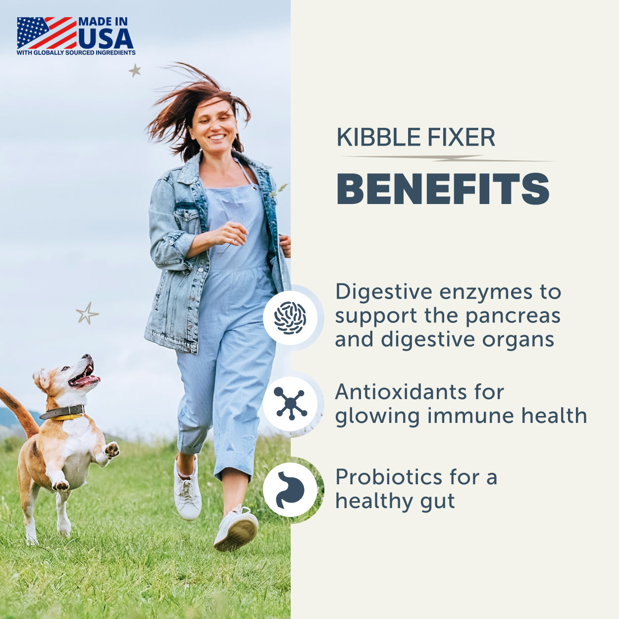 Four Leaf Rover Kibble Fixer topper supporting digestion, gut health and immune balance in dogs