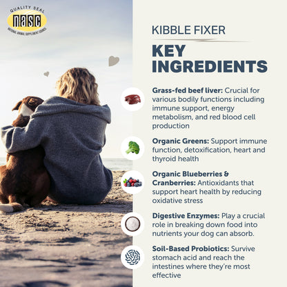 Organic fruits, vegetables and grass-fed beef liver in Four Leaf Rover Kibble Fixer dog topper