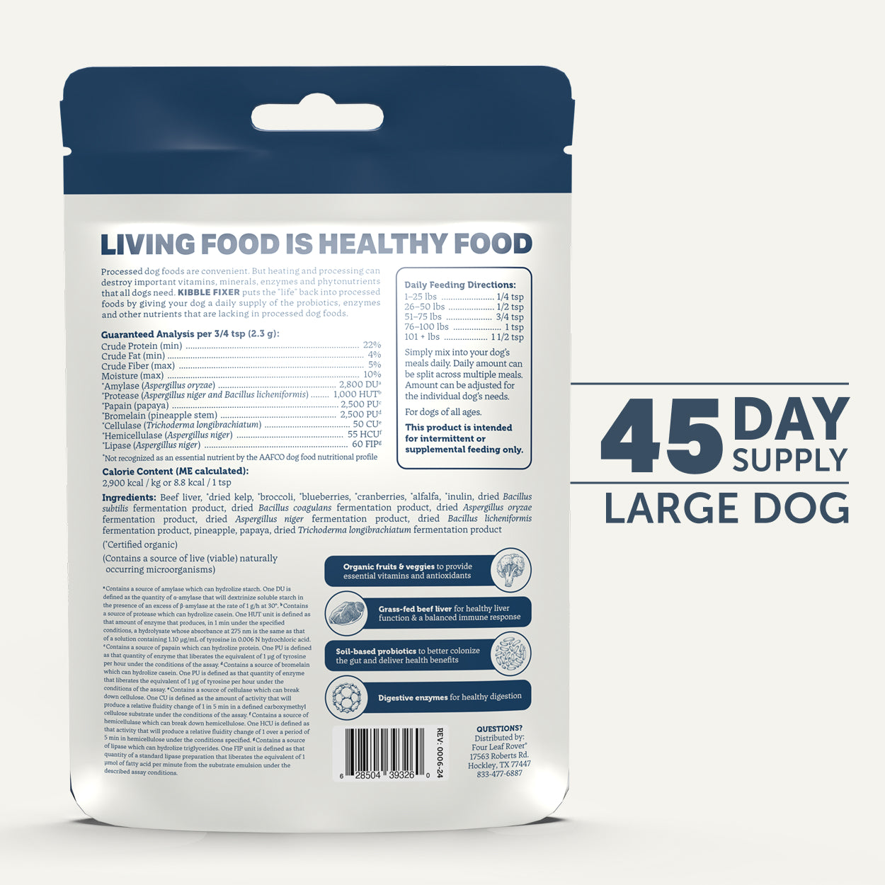 Back label of Four Leaf Rover Kibble Fixer showing ingredients and probiotic digestive enzyme formula