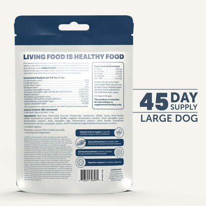 Back label of Four Leaf Rover Kibble Fixer showing ingredients and probiotic digestive enzyme formula