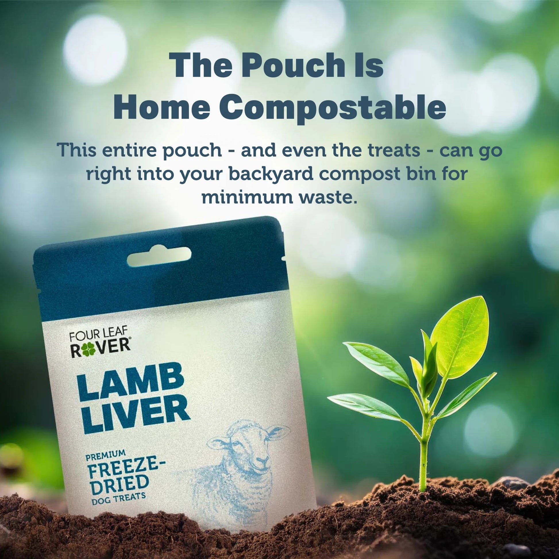 Four Leaf Rover freeze-dried lamb liver dog treats shown in home compostable packaging