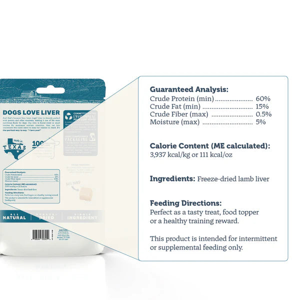 Four Leaf Rover freeze-dried lamb liver dog treats nutritional profile and feeding directions