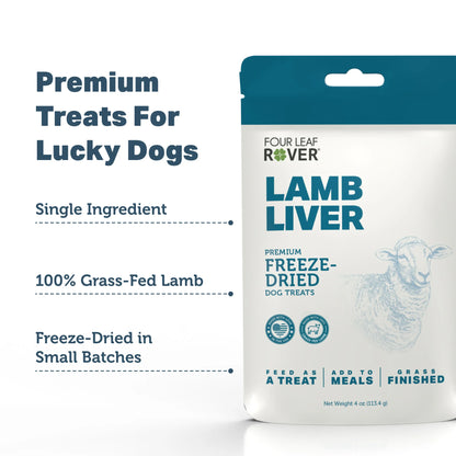Product features graphic for Four Leaf Rover freeze-dried lamb liver dog treats
