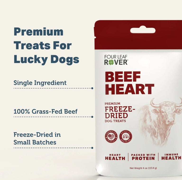 Benefits of freeze-dried beef heart dog treats including single ingredient and grass-fed sourcing