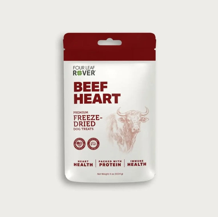Freeze-dried beef heart dog treats in resealable pouch from Four Leaf Rover