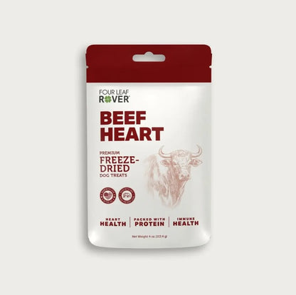 Freeze-dried beef heart dog treats in resealable pouch from Four Leaf Rover