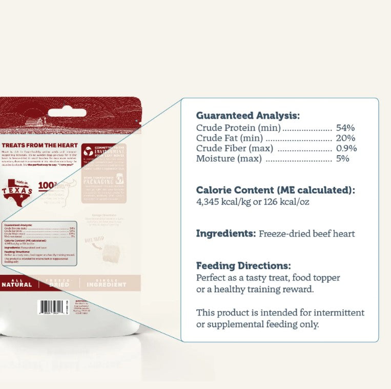Back of Four Leaf Rover freeze-dried beef heart dog treats package with product details