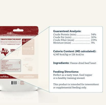 Back of Four Leaf Rover freeze-dried beef heart dog treats package with product details