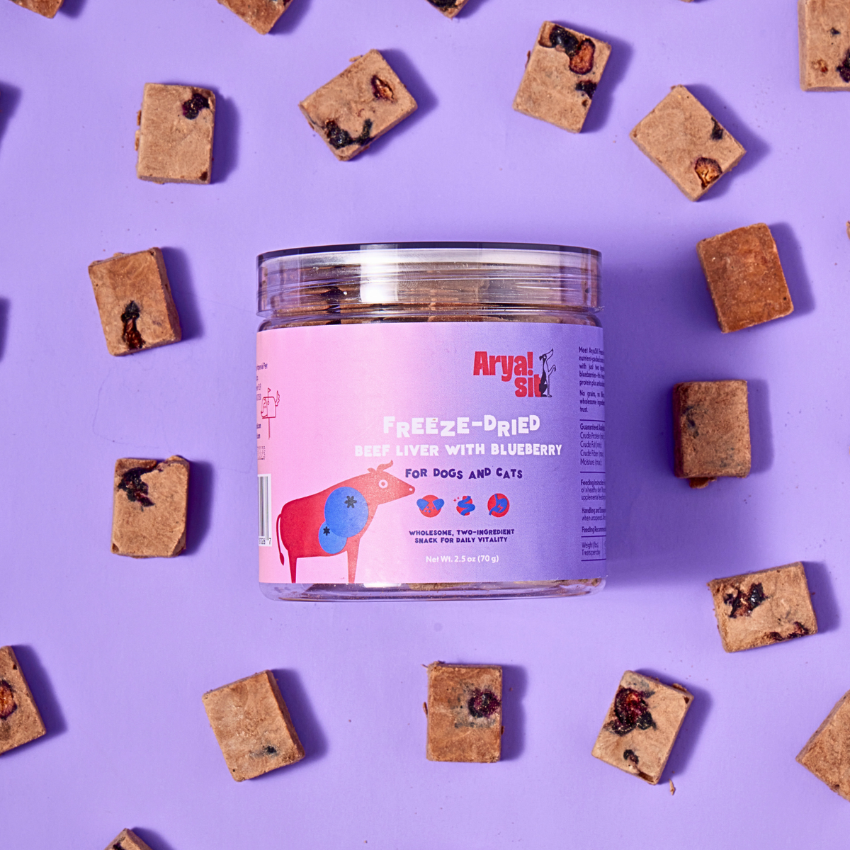 Freeze-dried beef liver and blueberry dog treats made with just two whole-food ingredients