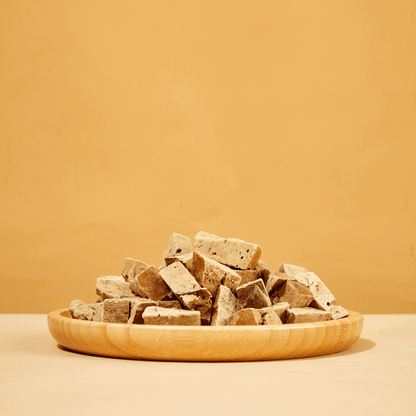 Freeze-dried beef liver dog treats showing natural texture and cube size