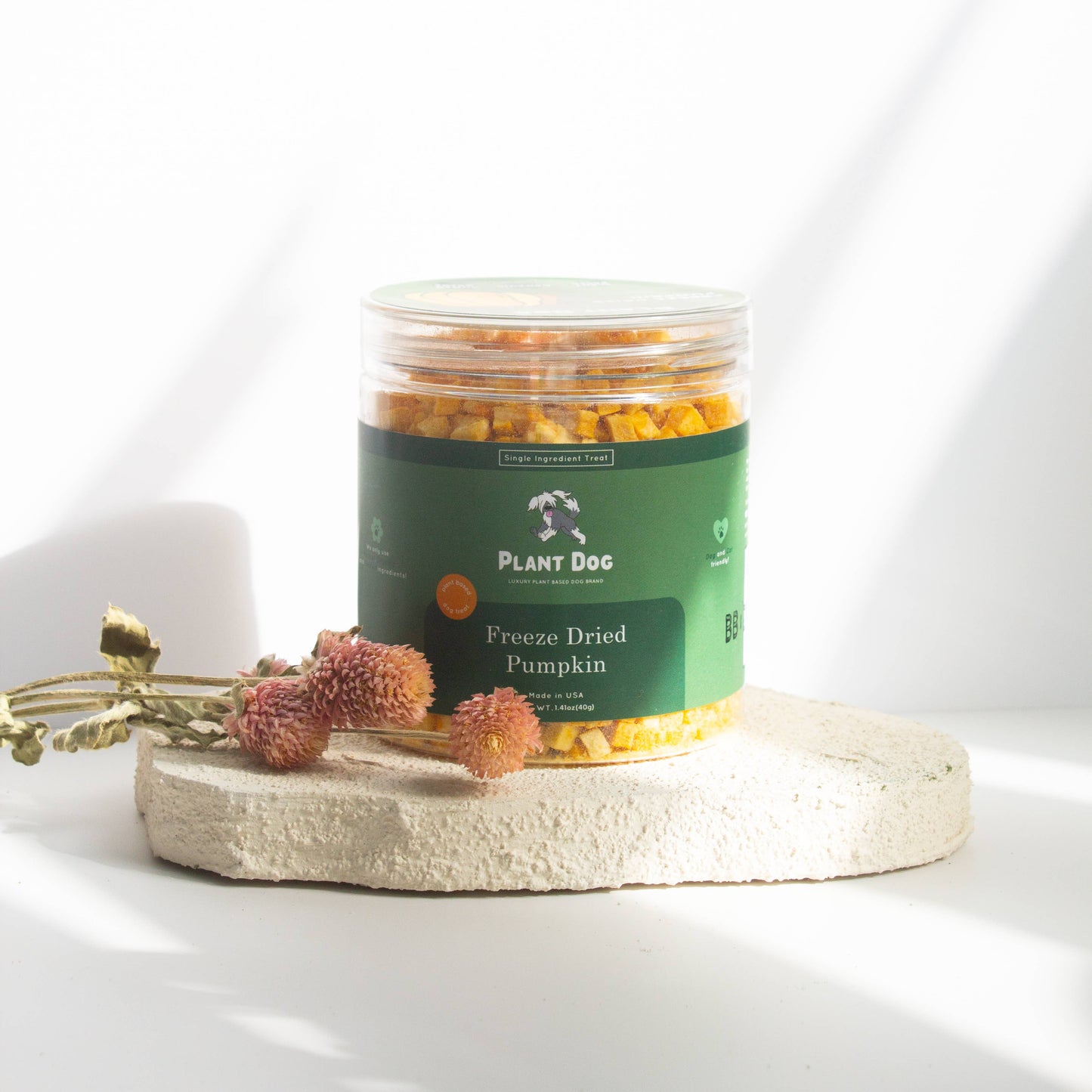 Jar of freeze-dried pumpkin dog treats made with organic pumpkin, minimally processed dog treats