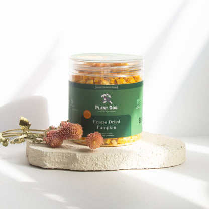 Jar of freeze-dried pumpkin dog treats made with organic pumpkin, minimally processed dog treats