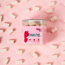 Freeze-dried strawberry yogurt dog treats made with goat milk in resealable jar