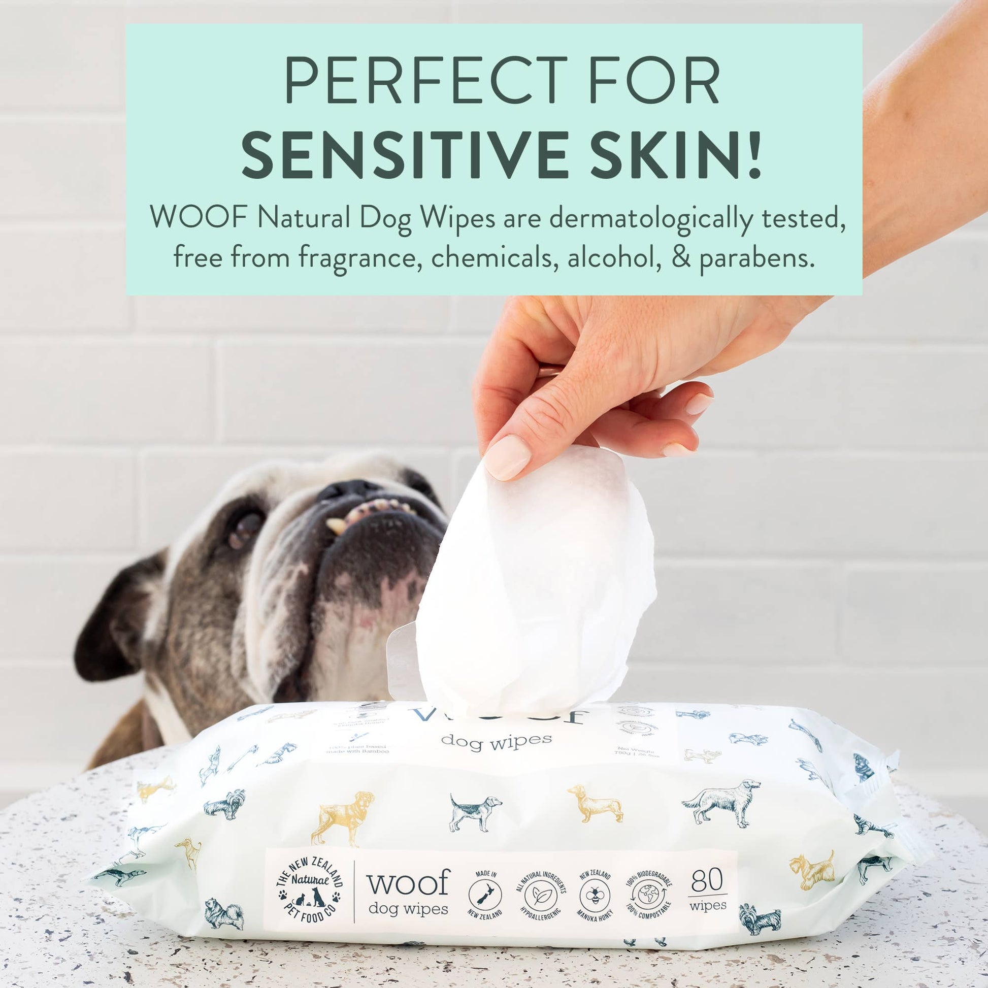 Natural, non-toxic dog wipes designed for dogs with sensitive skin and suitable for everyday use.