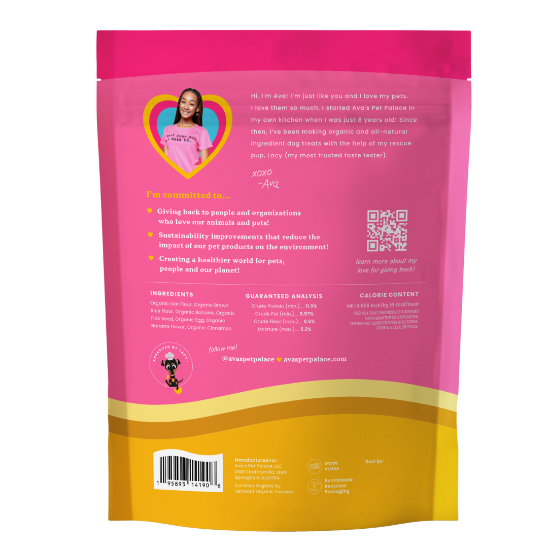 Ingredients list for Gone Bananas organic dog treats showing banana oat flour brown rice and flaxseed