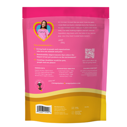 Ingredients list for Gone Bananas organic dog treats showing banana oat flour brown rice and flaxseed