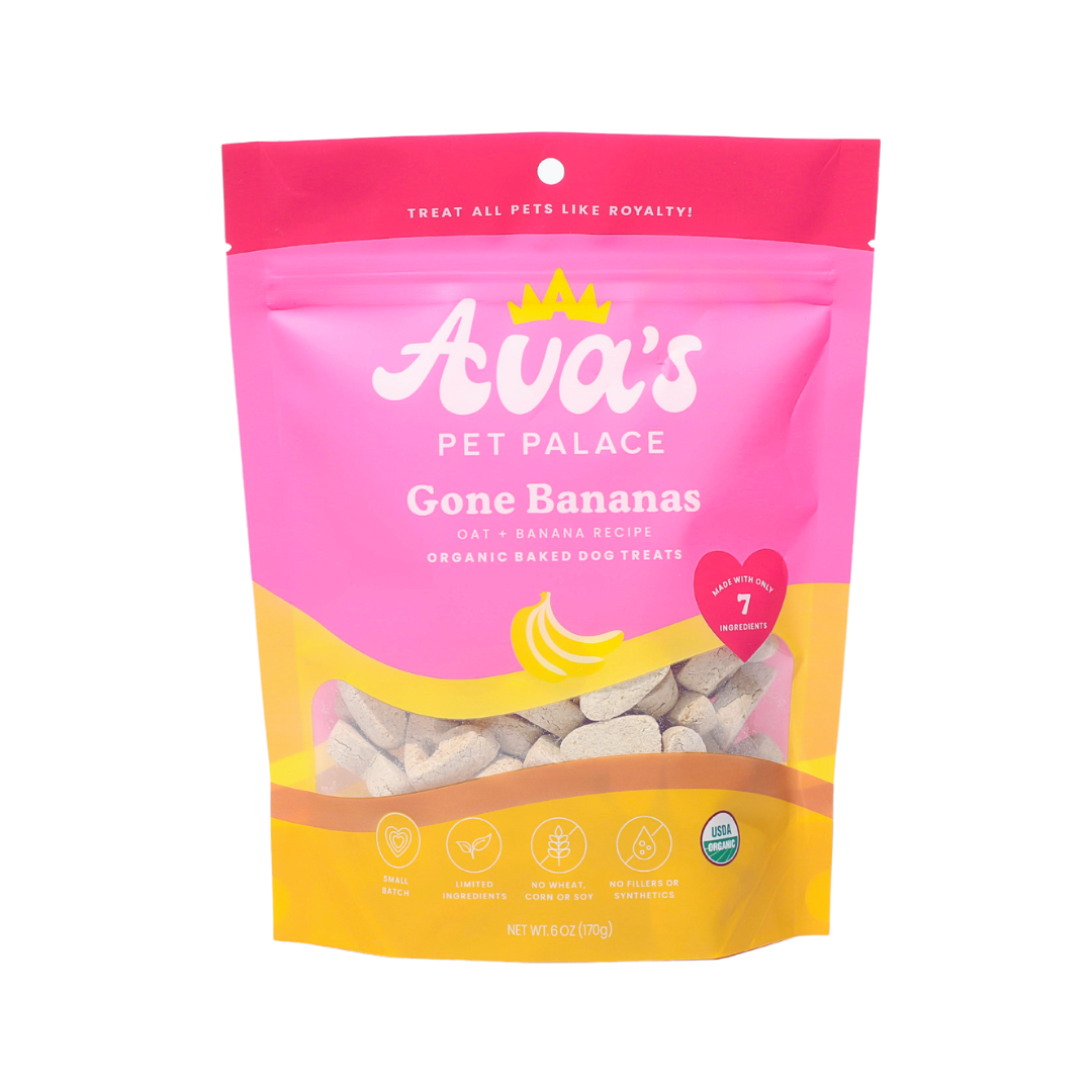 Gone Bananas organic dog treats made with banana and seven simple ingredients in resealable pink pouch