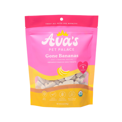 Gone Bananas organic dog treats made with banana and seven simple ingredients in resealable pink pouch