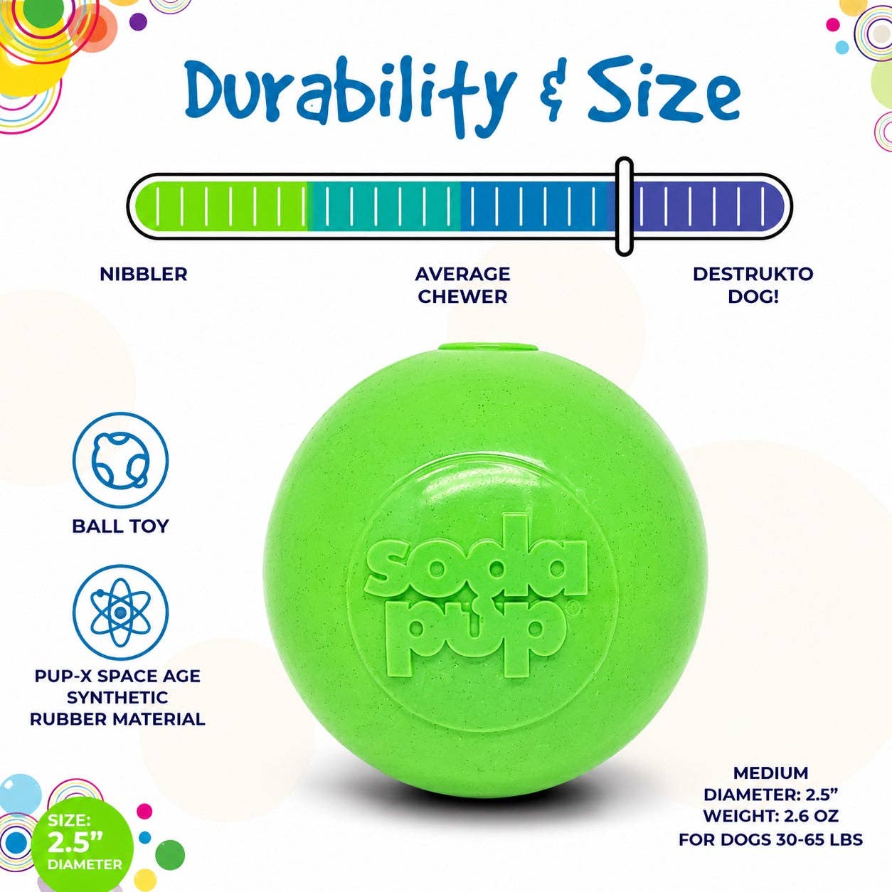 SodaPup durability and size guide for the Green Glitter soft rubber dog ball