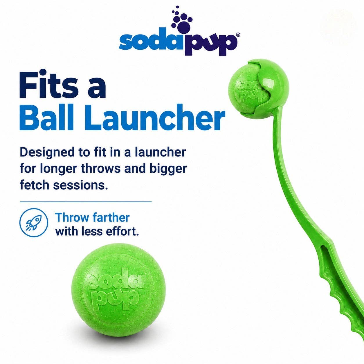 SodaPup Green Glitter dog ball shown with a ball launcher to demonstrate launcher compatibility