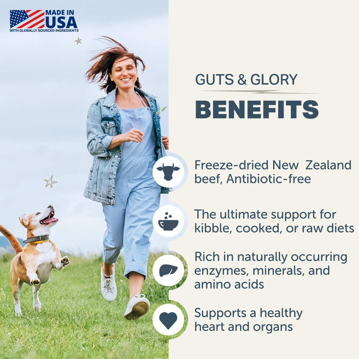Benefits of Guts & Glory organ supplement for dogs showing nutrition and gut support
