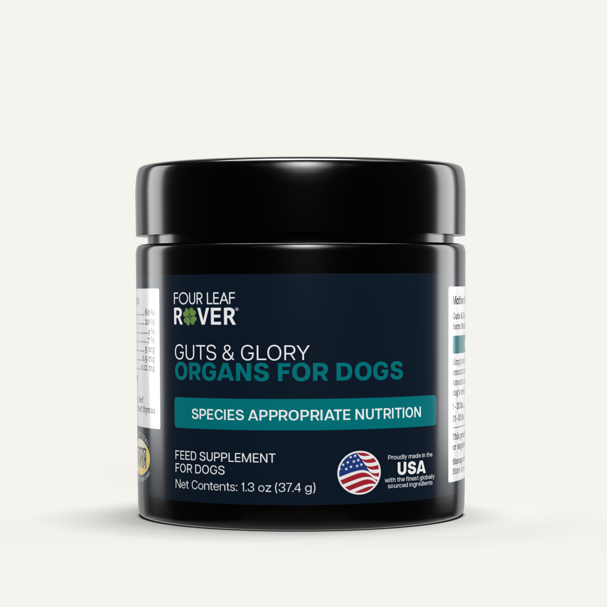 Four Leaf Rover Guts & Glory supplement for dogs freeze-dried organ blend jar