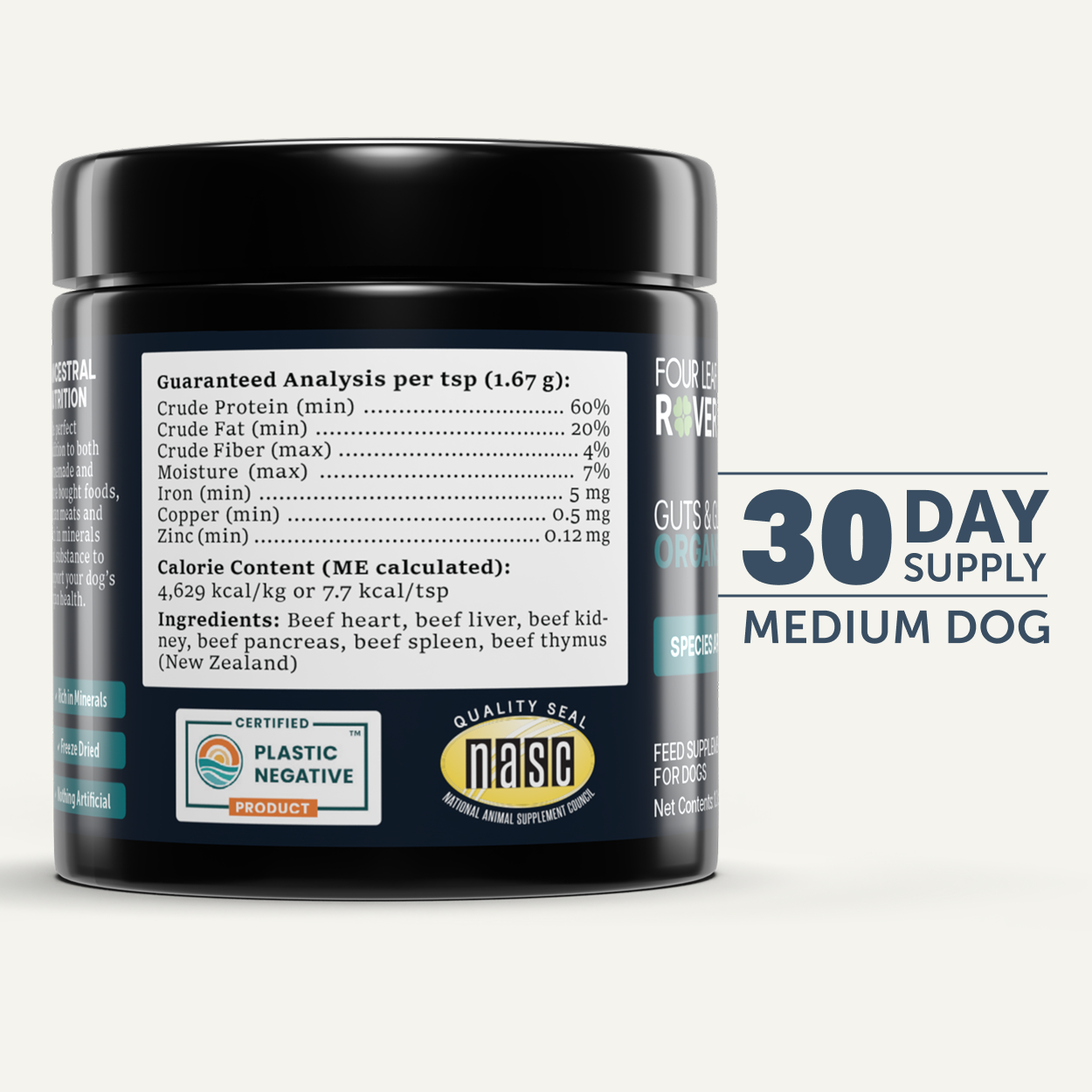 Supplement facts label for Guts & Glory organ supplement for dogs