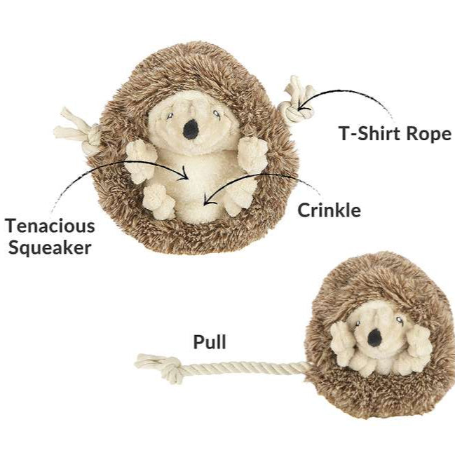Hedgehog dog toy showing hidden rope and squeaker for engaging, interactive play