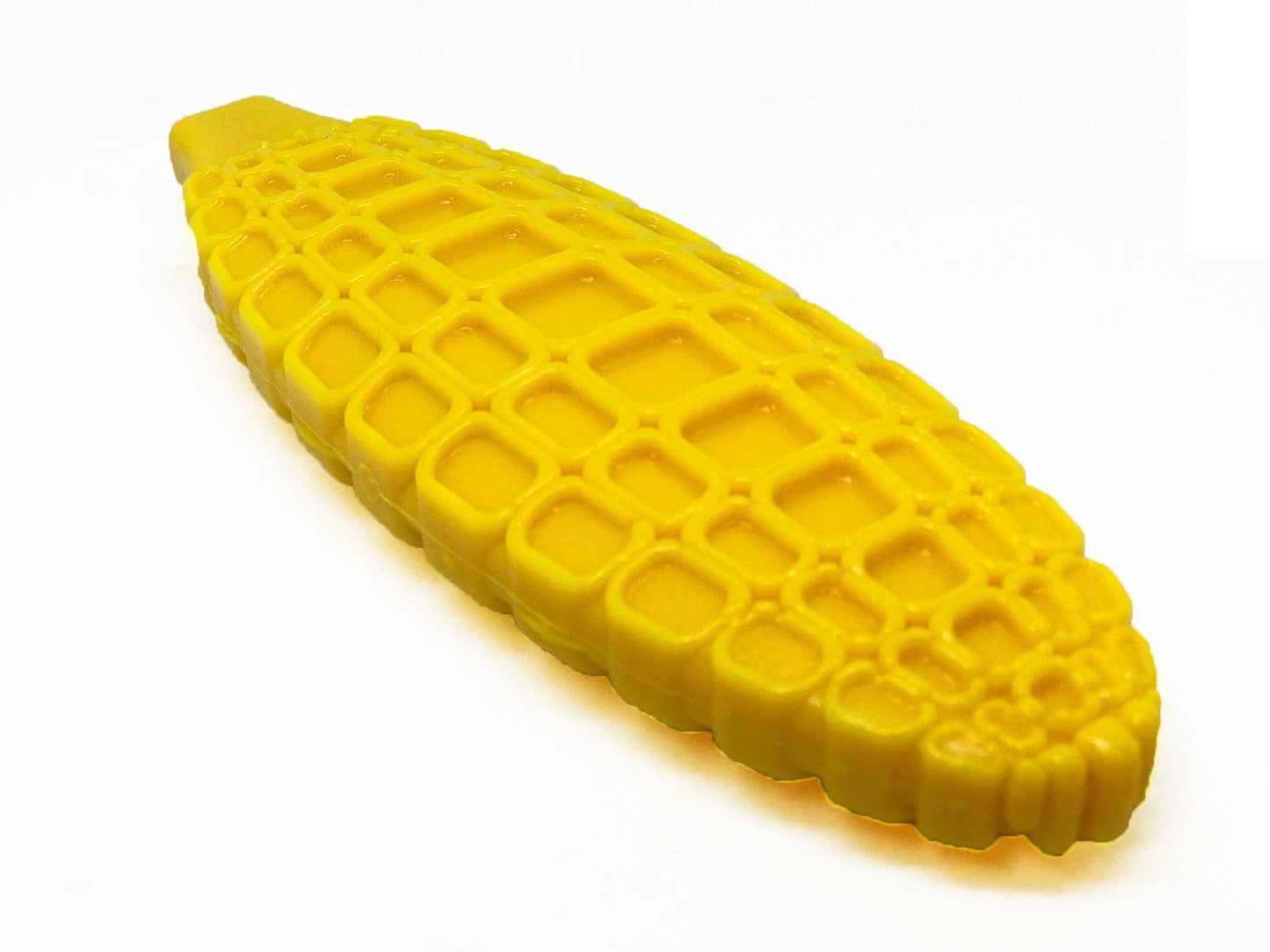 Angled view of the textured yellow Corn on the Cob heavy duty dog chew toy