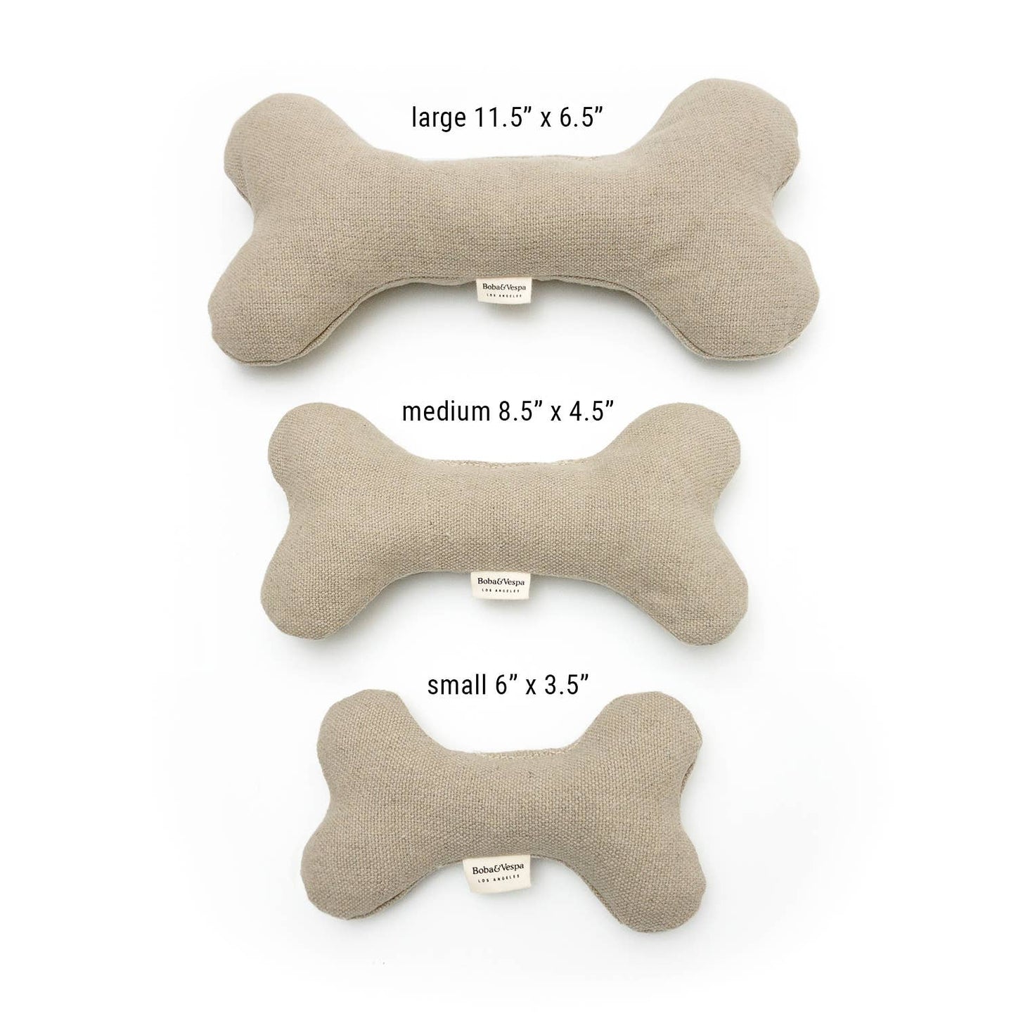 Natural hemp dog bone toys shown in multiple sizes for comparison
