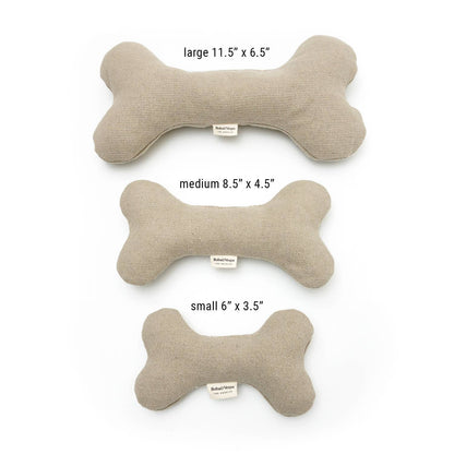 Natural hemp dog bone toys shown in multiple sizes for comparison