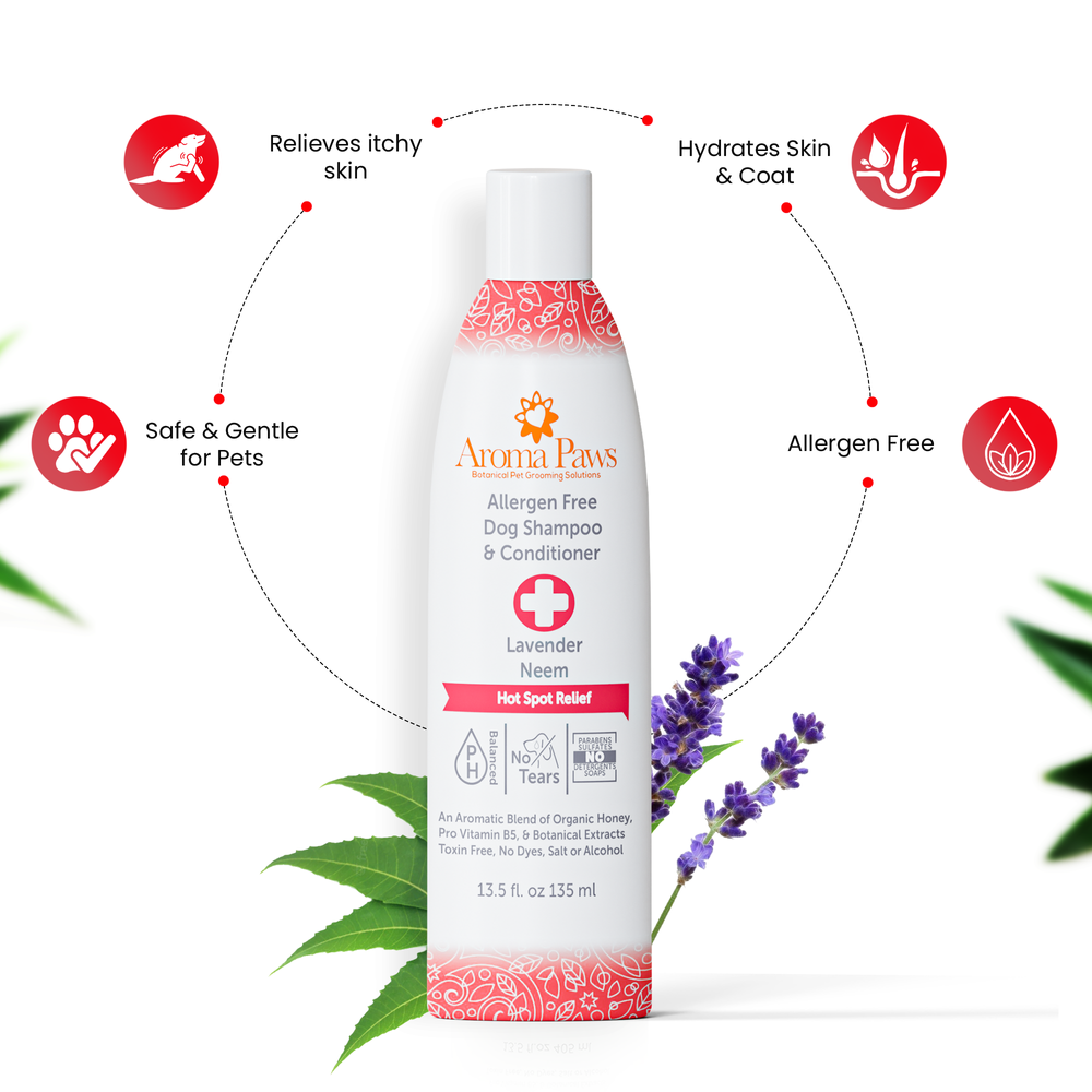 Diagram showing features of a natural hot spot shampoo formulated for gentle skin care