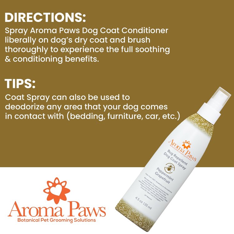 Instructions showing how to apply Aroma Paws natural flea and tick repellent spray to a dog’s coat and living areas for preventative protection.